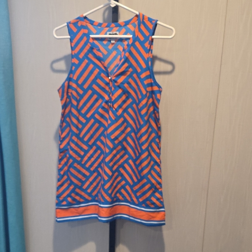 (J45) Mud Pie Blue and Orange Geometric Top Sz S